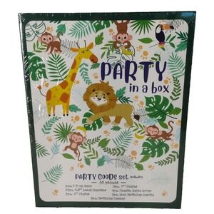 NIB Jungle Happy Birthday Party Goods 43pc Box Banner Candle Plates & More